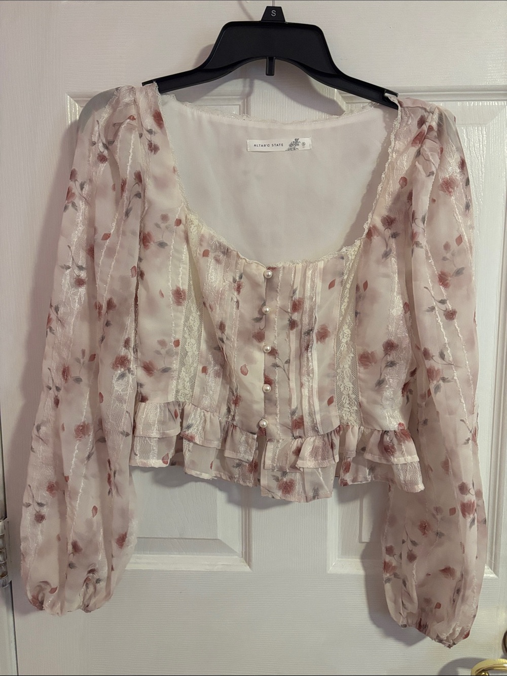 Altar’d State Sheer Pink Floral Pearl-Button Peplum Blouse